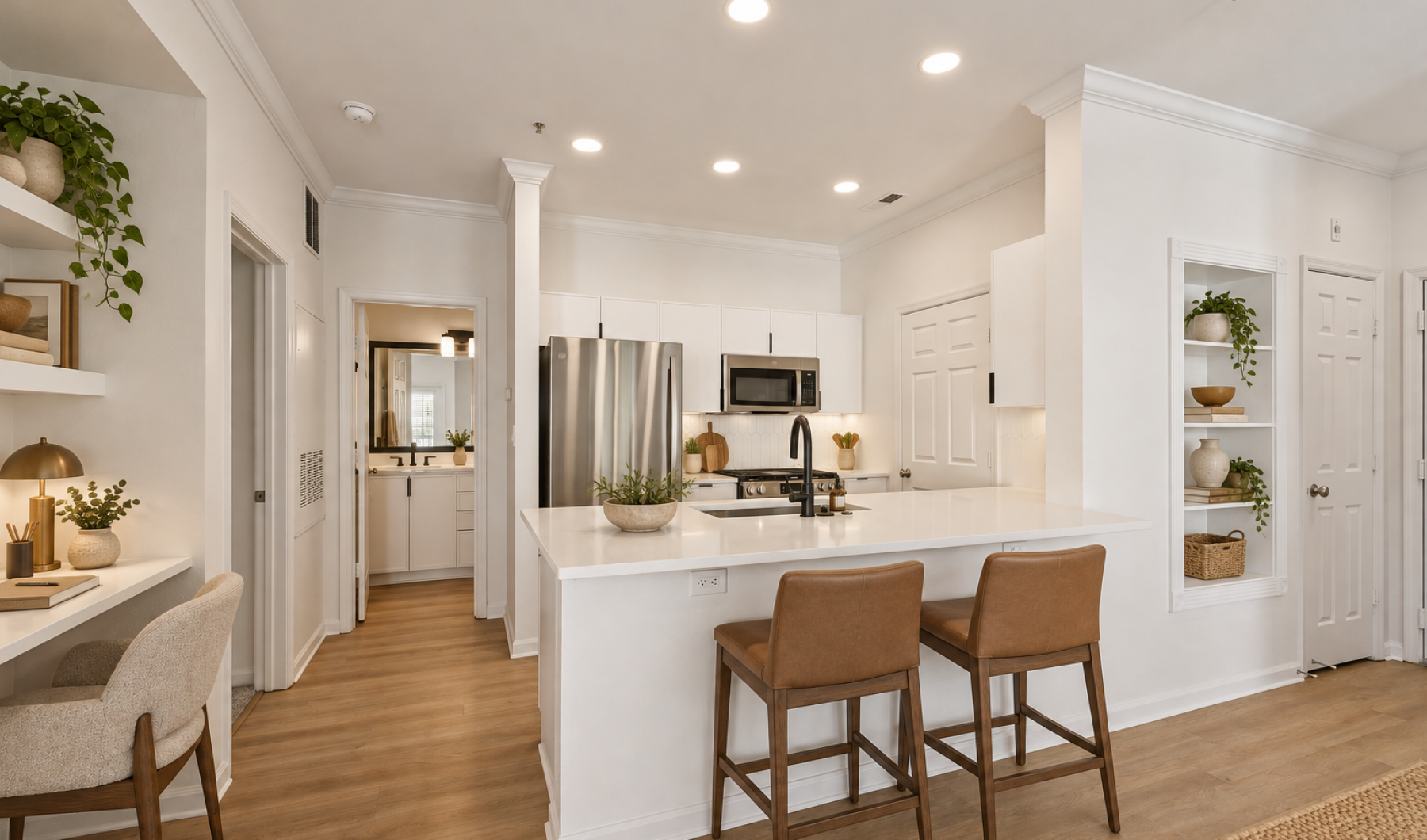 Bright white kitchen with stainless steel appliances, an island with bar seating, and wood-style flooring at The Ashborough apartments in Ashburn, VA