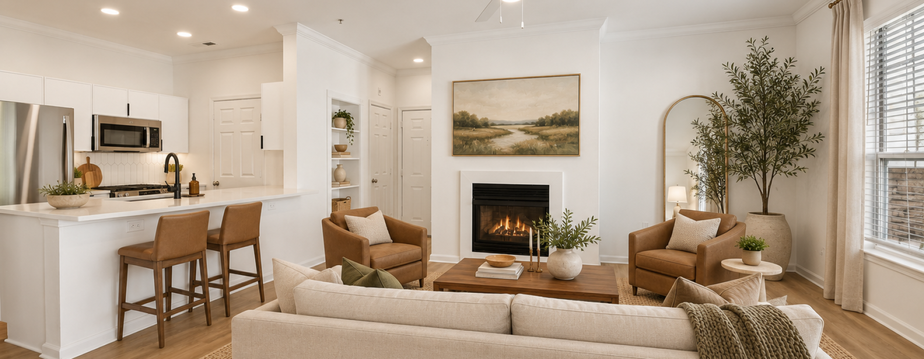 Open-concept living room with a fireplace, neutral sofa, and large windows flowing into the kitchen at The Ashborough apartments in Ashburn, VA